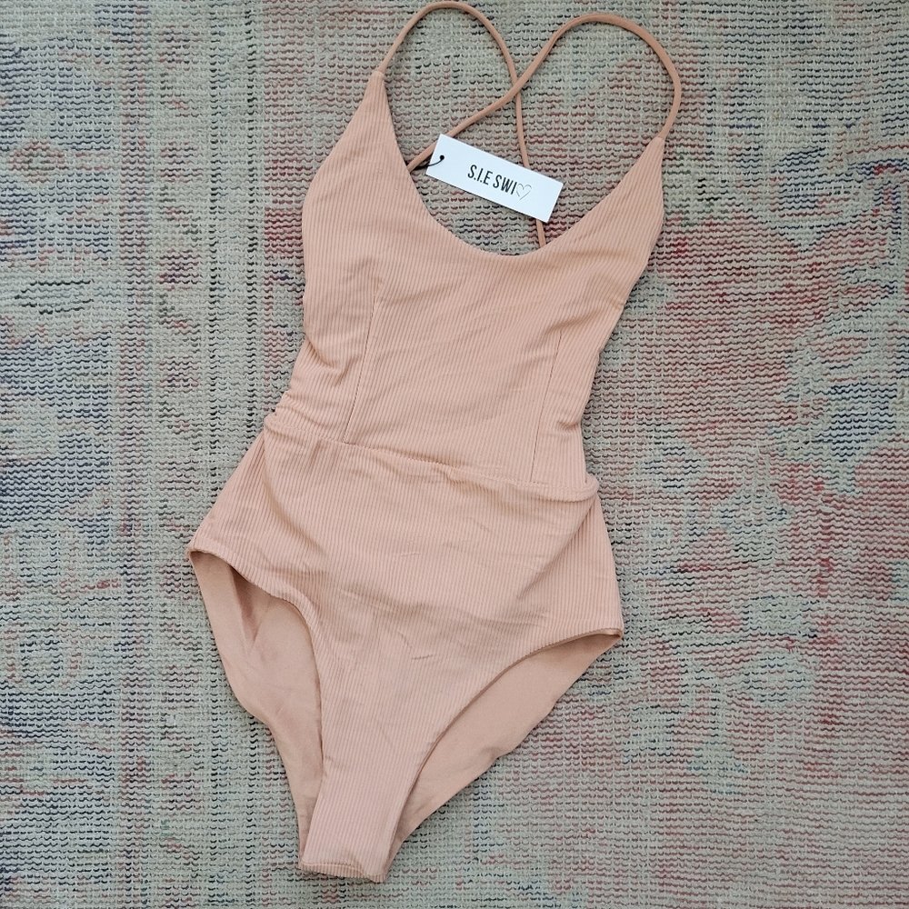 Sie swim suit one piece bathing suit nude pink peach lace up corset nwt large